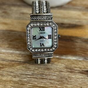 Chico's Silver-Tone Crystal Bracelet Watch with Mother-of-Pearl Dial